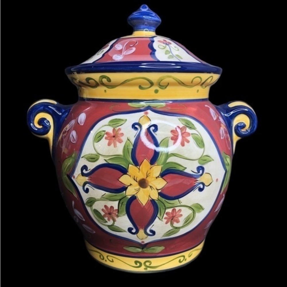 Pier 1 Vallarta 12” Handpainted Earthenware Floral Leaf Cookie Jar w/Lid NWT